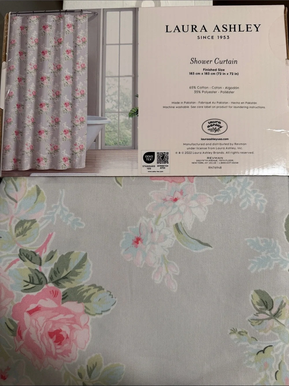 Laura Ashley Floral Shower Curtain in Pink and Soft Gray